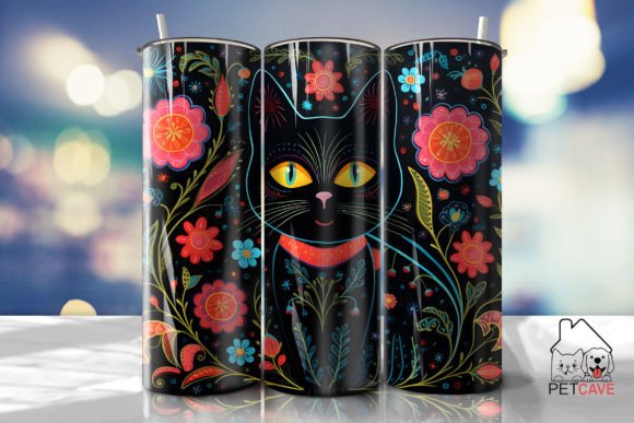 Black Cat and Flower Art Tumbler 1