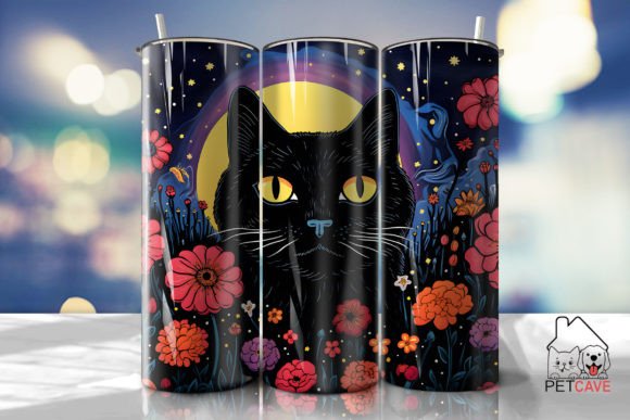 Black Cat and Flowers Art Tumbler