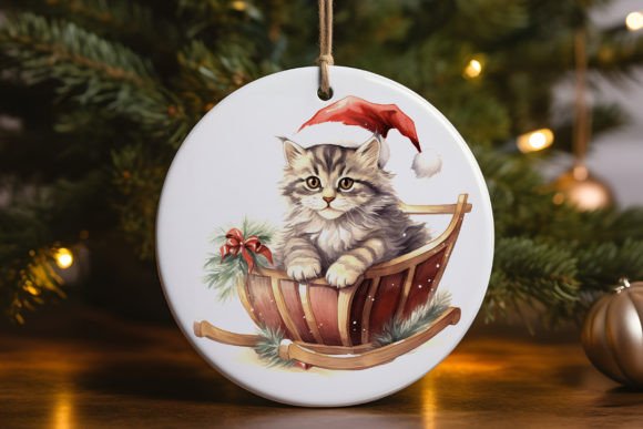 Kitten Sleigh Sant Ornament 1